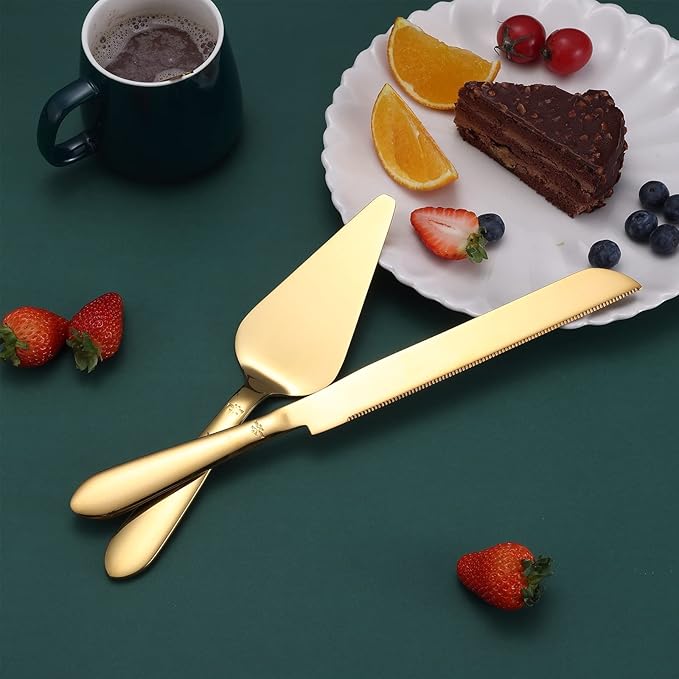 Eisinly Cake Cutting Set for Wedding, Elegant Cake Knife and Server Set with Thickened Stainless Steel Rounded Edges, Cake Cutter Pie Spatula for Birthday Anniversary, 2 Pcs, Gold