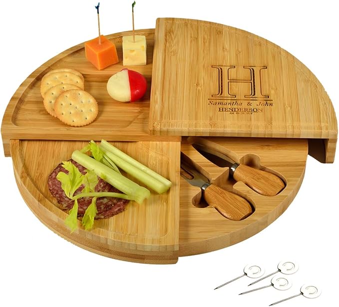 Picnic at Ascot Custom Personalized Engraved Cheese/Charcuterie Board - US Patented Design enables All in One Storage