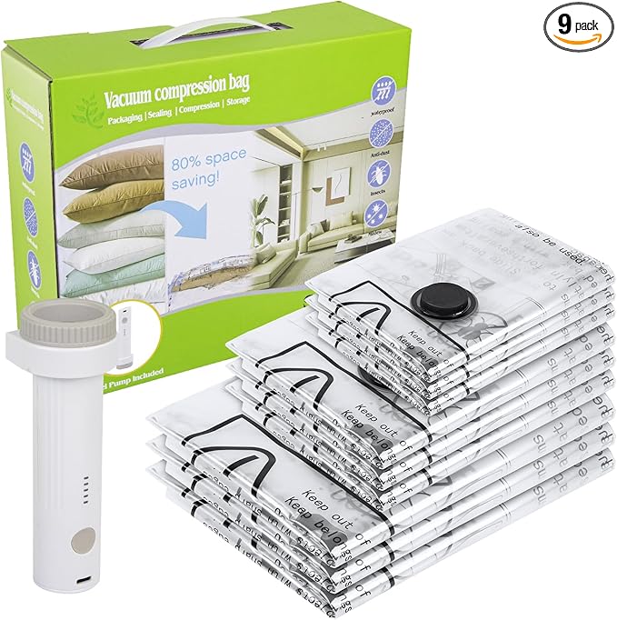 Fohil 9 Pack Vacuum Seal Bags with Electric Pump, Compression Packing Bag for Suitcase Luggage, Vacuum Seal Bag for Clothing Space Saver Bags for Clothes, Blanket, Duvets, Pillows
