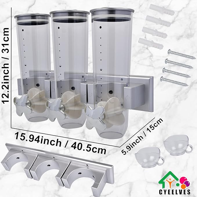 Food Dispenser Wall Mounted Grain Dispenser, Cereal Dispenser with Cup, Dry Food Dispenser Wall Mounted Triple Cereal Dispenser, Candy Dispenser Grain Dispenser for Kitchen Store Nut Coffee Beans 4.5L
