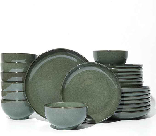 Plates and Bowls Sets for 8, 24 Piece Dinnerware Set for Large Families & Entertaining, Elegant Design, Dishwasher & Microwave Safe, Chip Resistant and Durable, Forest Green