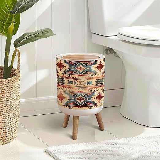 Trash Can with Lid Native pattern american tribal indian ornament pattern geometric Press Top Round Small Garbage Bin with Wooden Legs Waste Basket for Kitchen Bedroom Nursery 7L/1.8 Gallon