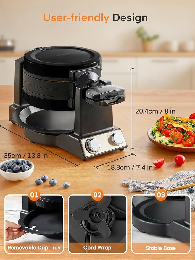 FOHERE 2-in-1 Omelette Maker&Waffle Maker, 1400W Omelet Maker 180° Flip, Adjustable Browning Control, Non-Removable & Nonstick Pans, Make Two Omelet and One Waffle at Once for Home (Dark Black)