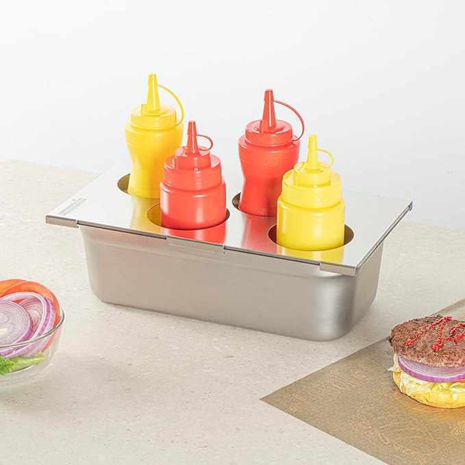Restaurantware Squeeze Bottle Template Pack of 1 Stainless Steel 4 Hole Holder Top, 3.25" Diameter Fits 1/3 Size Food Pans, Dishwasher Friendly Integrated Lip Design Holder Top for Condiment Bottles