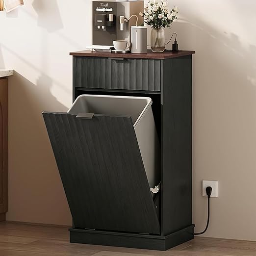 WLIVE 10 Gallon Tilt Out Trash Can Cabinet, Hidden Garbage Can Cabinet with Power Outlets, Storage Drawer, Food/Clothes Storage Pet Proof Kitchen Trash bin for Home, Launday (Black)
