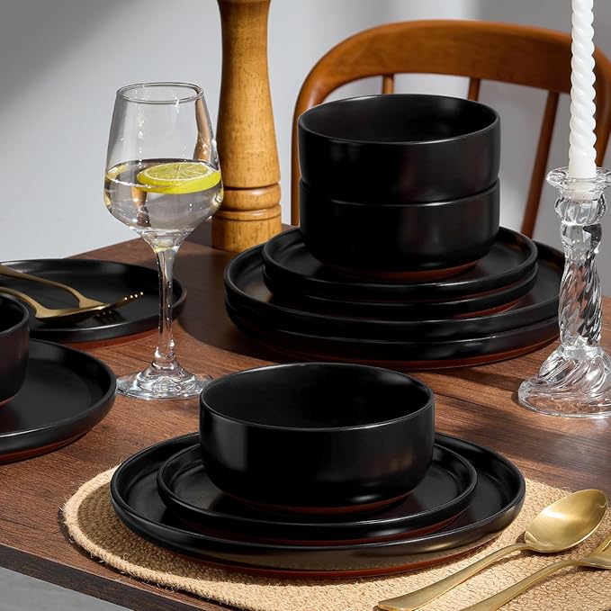 E-far 24-Piece Stoneware Plates and Bowls Sets, Dinnerware Sets for 8, Ceramic Dishware Dishes Set with Terracotta Base, Chip & Scratch Resistant, Microwave & Dishwasher Safe, Matte Black