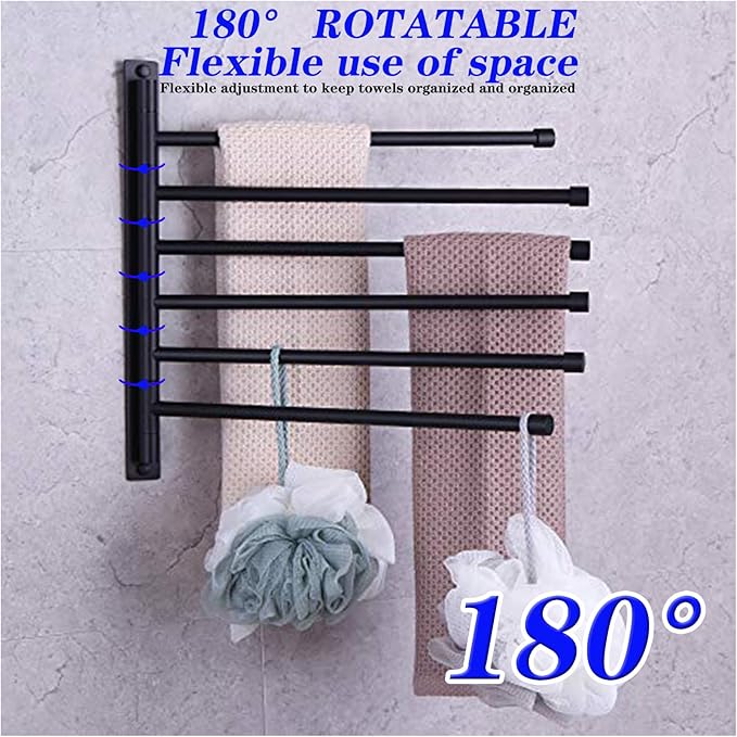 GERZWY Bathroom Swing Arm Towel Bars Wall Mount Bath Towel Rack with 6 Arms Hanger Towel Holder Organizer SUS 304 Stainless Steel Matte Black HYG06-BK