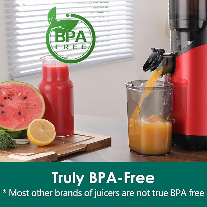 Cold Press Juicer Machines,Fretta Juicer Machines with PCTG Material from the USA,5.3" Extra Large Feed Chute Fit Whole Fruits & Vegetables,Truly BPA-Free,Easy to Clean,250W (Red, 1.8L)