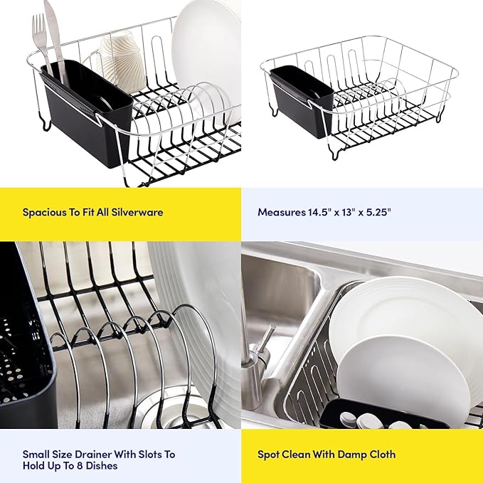 Sweet Home Collection 2 Piece Dish Drying Rack Set Drainer with Utensil Holder Simple Easy to Use Fits in Most Sinks, 14.5" x 13" x 5.25", Black