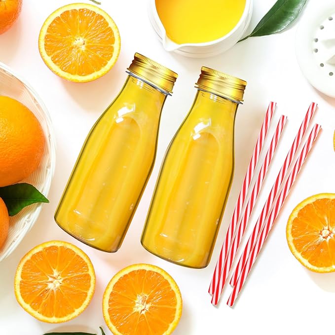Irenare 40 Sets Plastic Small Milk Bottles with Straws and Metal Lids Clear Plastic Bottle for Dairy Milk Party Bottle for Milk Juices Shakes Smoothies, 40 Bottles and 40 Straws (Gold,8 oz)