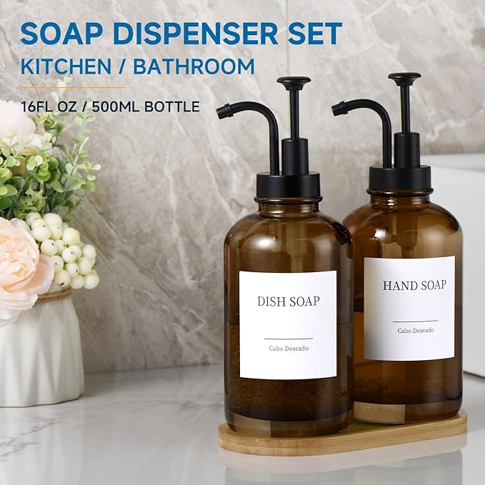 Glass Soap Dispenser with Pump, Dish and Hand Soap Dispenser for Kitchen Bathroom Set, Clear Glass Dispenser Set of 2 Pack with 18 Stickers Funnel Bamboo Tray 500ml 18oz Amber