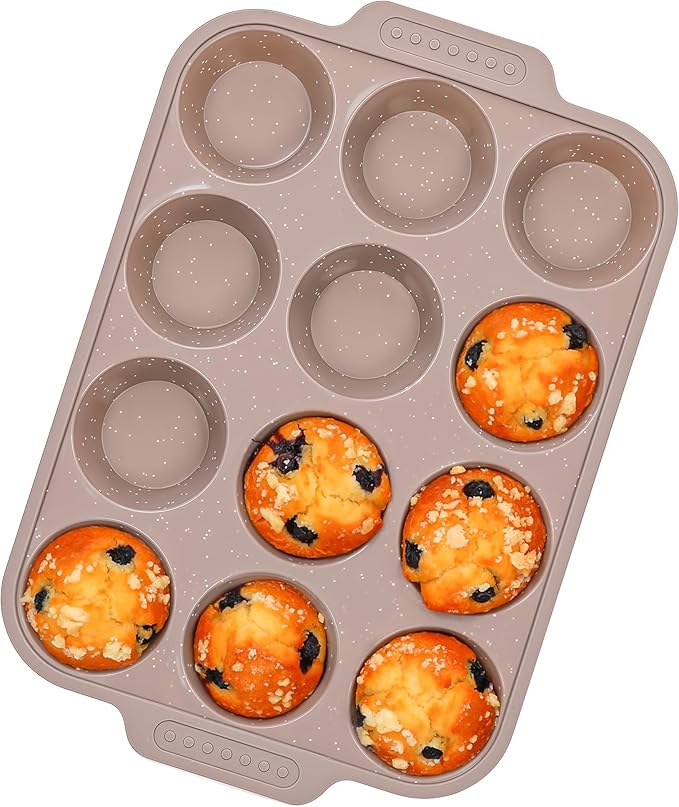 1 Pc Silicone Muffin Pans for Baking with Metal Reinforced Frame, Nonstick Cupcake Tray for Oven, 12 Cups Regular Size Silicone Molds for Egg Bites, Dishwasher Safe (Brown)
