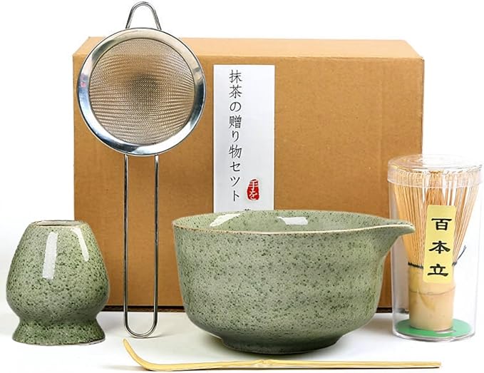 Matcha Whisk Set, 17oz Ceramic Bowl with Spout, Bamboo Matcha Scoop and Stainless Sifter - 5 Pcs Jade Green Matcha Kit, Matcha Kit for Making Breakfast/Latte,Gift for Matcha Lovers