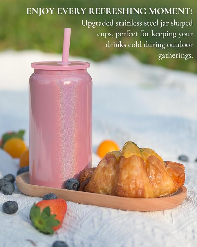 6Pack Glass Cups with Lids and Straws, 16oz Stainless Steels Cups, Beer Cup, Iced Coffee Cups, Smoothie Cup, Sublimation Tumbler (Shiny Polished Finish, Sublimatable)
