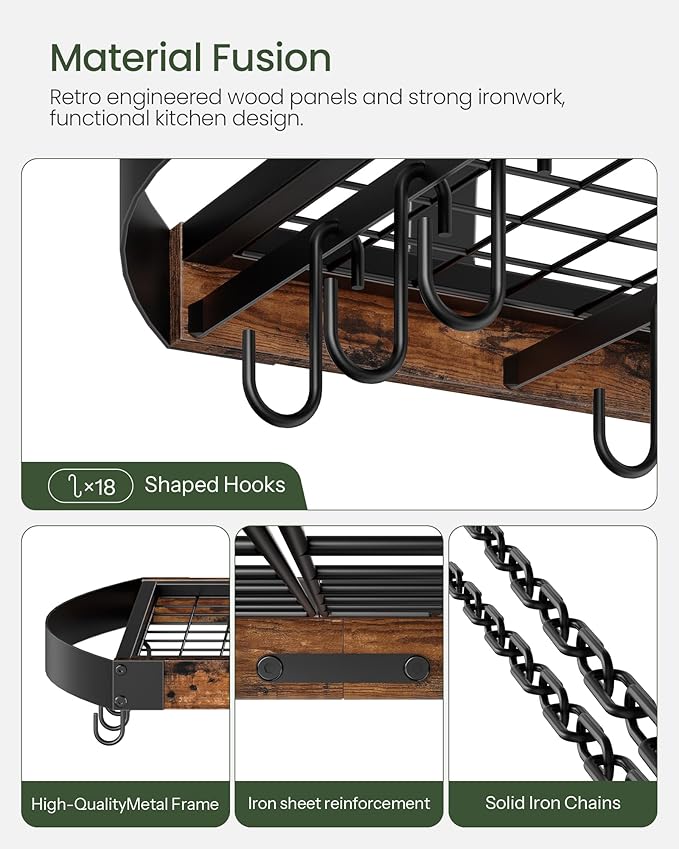 CHOEZON Hanging Pot Rack, Pot Hanger for Kitchen, Ceiling Mounted Pot Holder, Cookware Organizer with 18 S-Shaped Hooks, for Pot, Pan Storage, Space-Saving, Rustic Brown and Black TPR18BF
