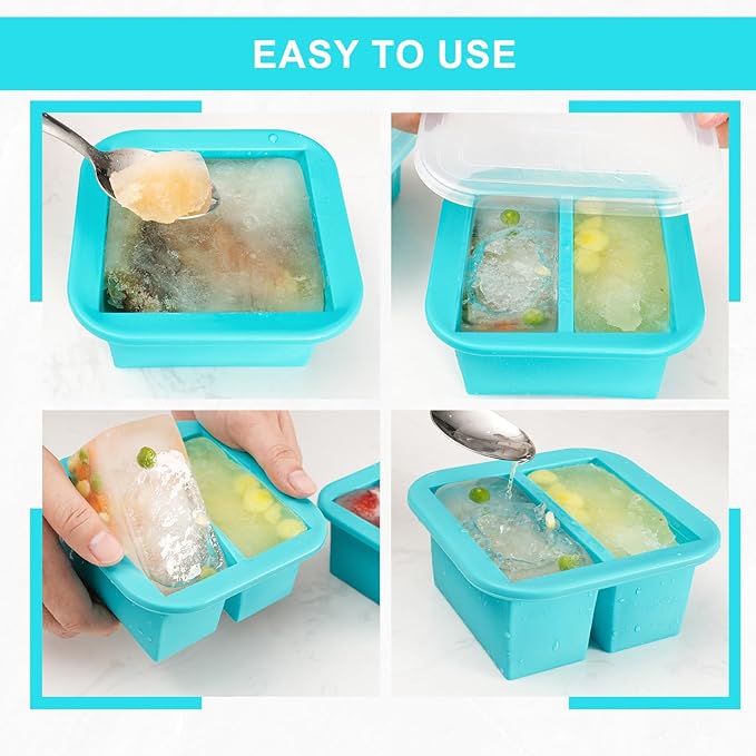 Silicone Freezer Tray with Lid 2 Pack Silicone Freezer Molds Ice Cube Tray Makes 4 Perfect 1 Cup Portions Soup Cubes Meal Prep Containers- Oven & Dishwasher Safe