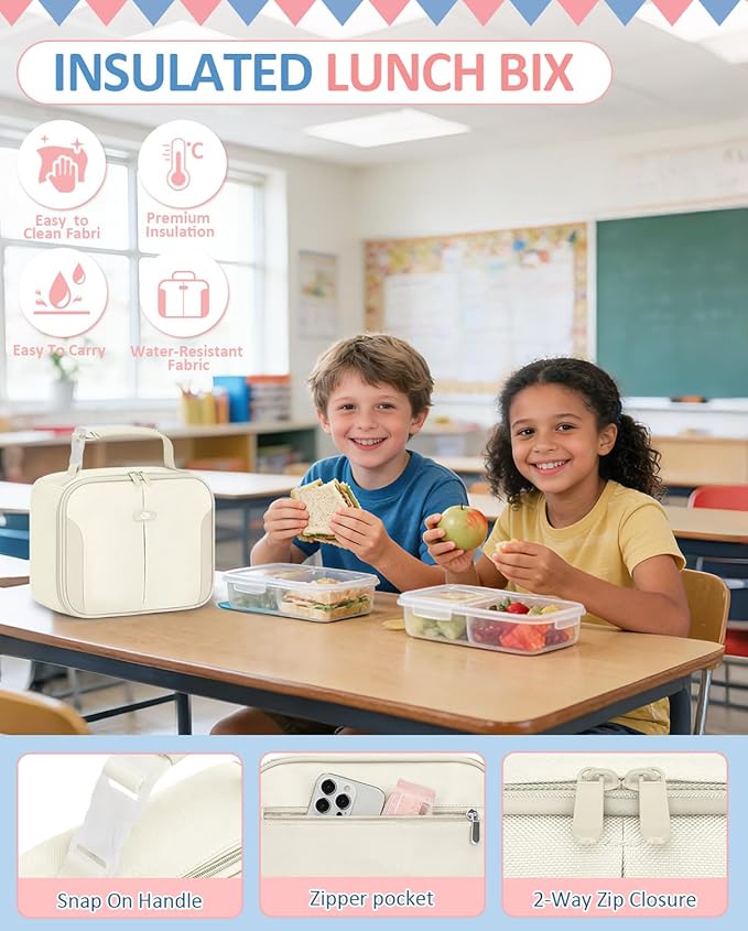 Capolo Insulated Lunch Box for Kids, Cute Thermal Lunch Bag for School, Reusable Lunch Tote for Boys and Girls, Durable Cooler Bag with Easy Grab Handle, Lightweight and Easy to Clean Meal Bag,beige