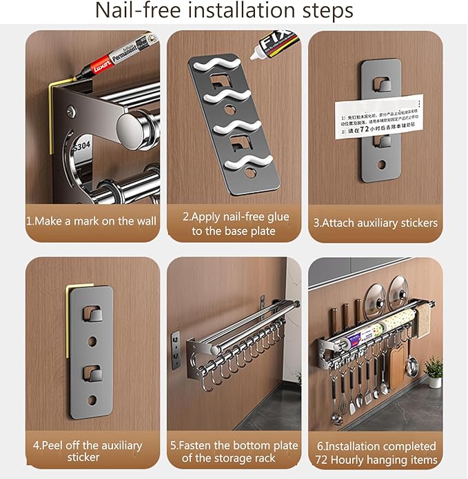 Hanging Wall Mount knife Wall Mount, Space-Saving Knife Rack with Hooks, Kitchen Organizer Storage Shelf for Utensils Spatula Spoon, Kitchen Utensil Hanger (Black, 40CM+8Hooks)