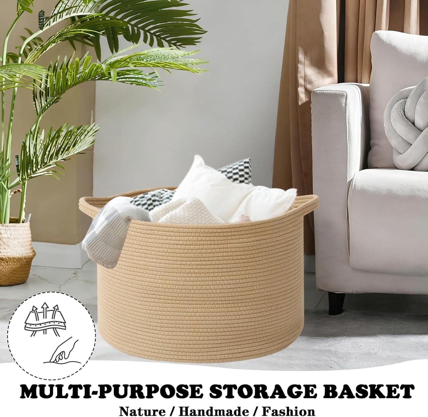 Large Blanket Basket for Organizing,115L Closet Organizers and Storage Bins Box for Shelves Woven Rope Storage Baskets,Living Room,Bedroom,Dorm,Laundry room (Camel)