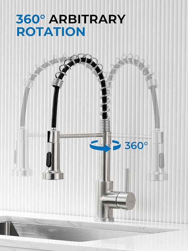 WEWE Kitchen Sink Faucet, Kitchen Faucets with Pull Down Sprayer Stainless Steel Single Handle Single Hole Brushed Nickel Commercial Industrial Spring Pull Out Laundry Farmhouse Kitchen Faucet