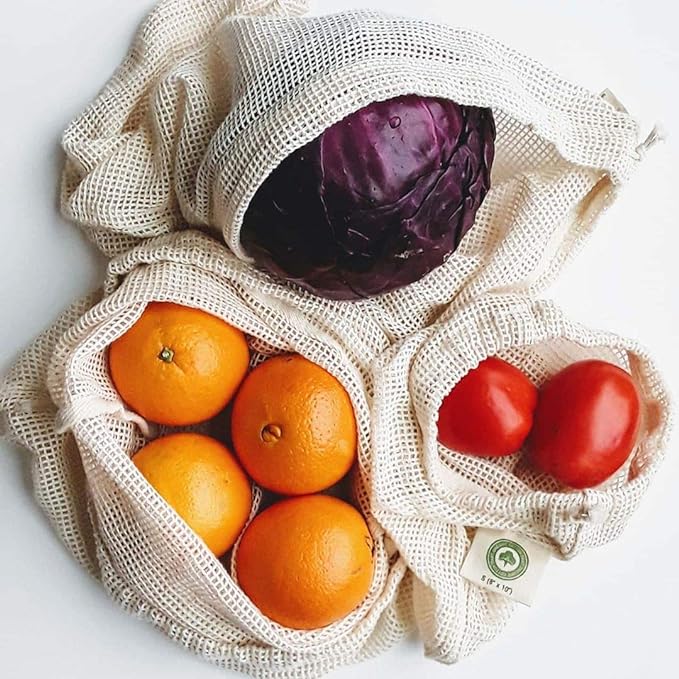 Reusable Cotton Mesh Produce Bags - 100% Organic Cotton, Durable, Double Stitched, Washable with Tare Weight & Drawstring - Mesh Bags for Grocery Shopping, Vegetables & Fruits | Set of 6 (2L, 2M, 2S)