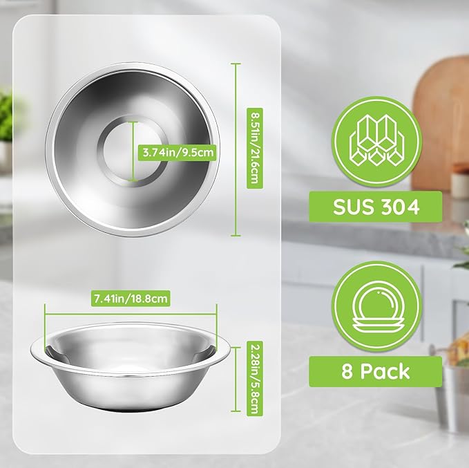304(18/8) Stainless Steel Mixing Bowls for Kitchen, 8 Pack 8.7" 34.88 fl.oz Metal Mixing Bowls Set Stackable for Baking Serving Cooking Food Prep Storage Dishwasher Safe Lightweight