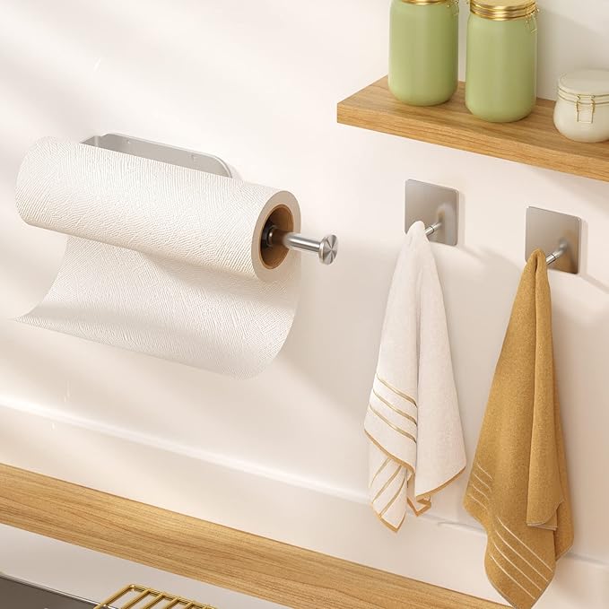 Paper Towel Holder Under Cabinet + Towel Robe Hooks, Single Hand Operable Under Cabinet Paper Towel Holder with Damping Effect Adhesive Wall Mount Paper Towel Rack for Bathroom Kitchen(Silver)