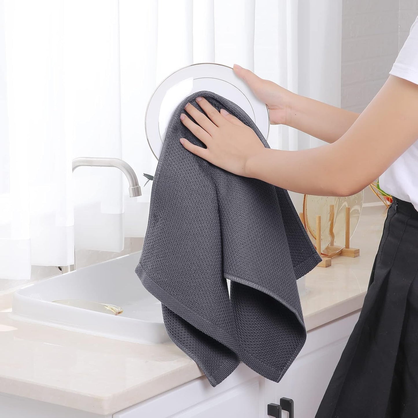 Homaxy 100% Cotton Waffle Weave Kitchen Dish Towels, Ultra Soft Absorbent Quick Drying Cleaning Towel, 13 x 28 Inches, 6-Pack, Dark Grey