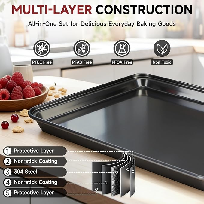 Unokit 8-Piece Nonstick Baking Pans Set - Stainless Steel Bakeware Set Stackable Trays with Cookie Sheets, Cake, Loaf, Round & Square Pan and Cooling Rack, Dishwasher & Oven Safe
