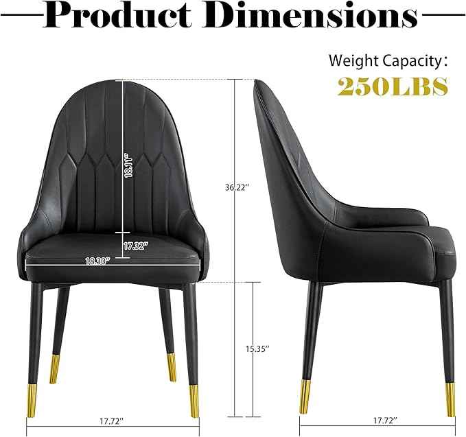 AF ARTISAN FURNITURE Black Dining Chairs Set of 2 with High Backs Mid Century Modern Kitchen Dining Room Chairs PU Faux Leather Upholstered Large Padded Accent Chair with Legs