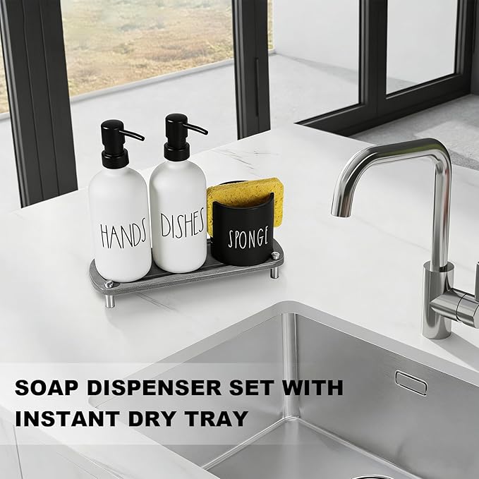 ALPIRIRAL Kitchen Soap Dispenser Set,16.9 fl oz Hand and Dish Soap Dispensers with Tray, Kitchen Soap Dispenser Set with Sponge Holder, Instant Dry Tray,Kitchen Decor(White&Black)