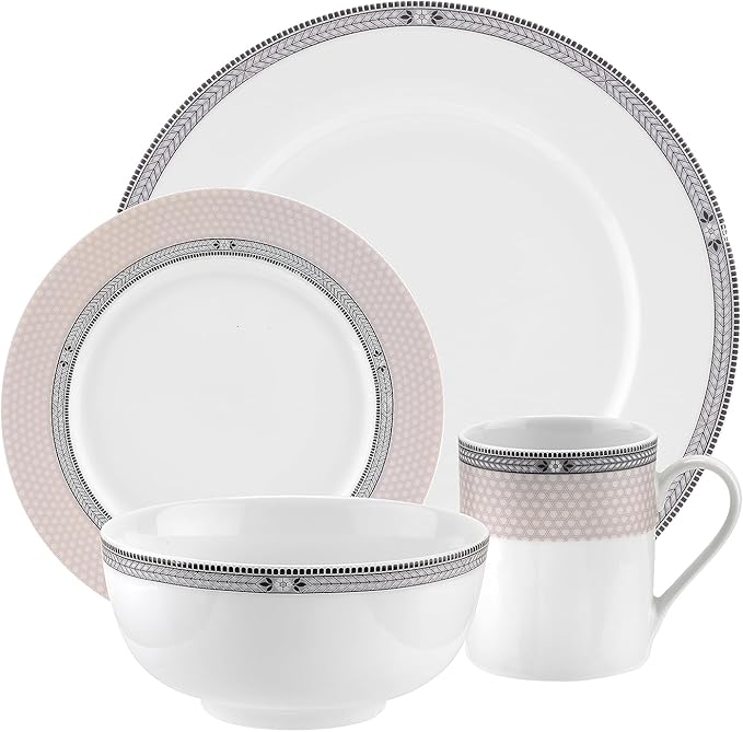 Portmeirion Home Vintage Chic 16 Piece Set - Porcelain Dinnerware with Art Deco Borders - 10.5" Dinner Plates, 7.5" Salad Plates, 5.5" Bowls, 11.5 Oz Mugs - Microwave & Dishwasher Safe Place Settings