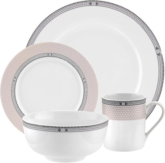 Portmeirion Home Vintage Chic 16 Piece Set - Porcelain Dinnerware with Art Deco Borders - 10.5" Dinner Plates, 7.5" Salad Plates, 5.5" Bowls, 11.5 Oz Mugs - Microwave & Dishwasher Safe Place Settings