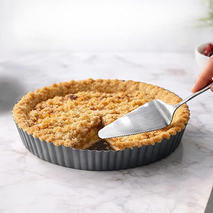 9.5*2.2 Inch Deep Tart Pan w/ Pie Cake Server. Removable Bottom, Non-Stick Coating, Rugged Carbon Steel for Tart Quiche Baking. Gift for Women Wife Christmas Thanksgiving Party Festival Family