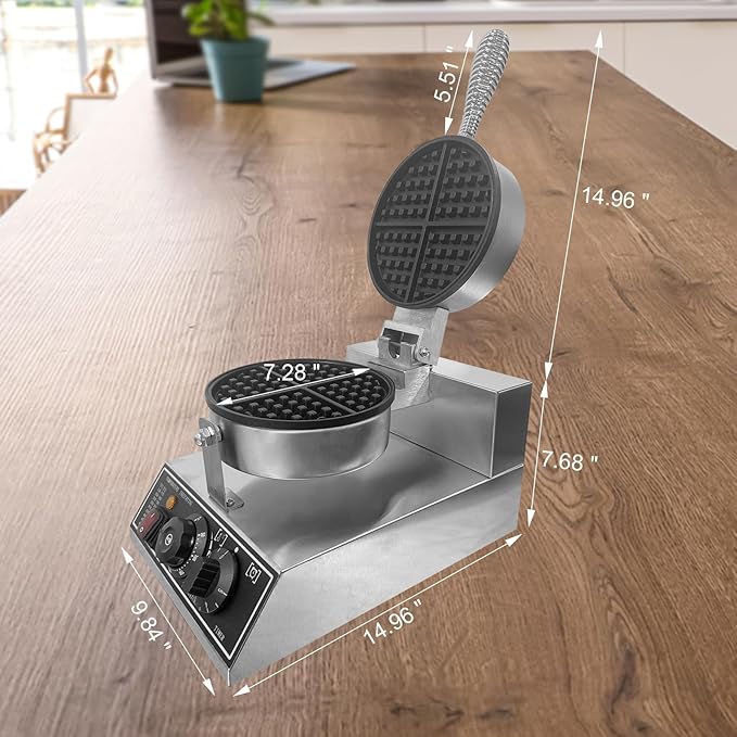 Commercial Waffle Maker, 1200W Stainless Steel Nonstick Round Waffle Iron with 122℉ to 572℉ Temp Range & Time Control, for Household Bakeries Snack Bar