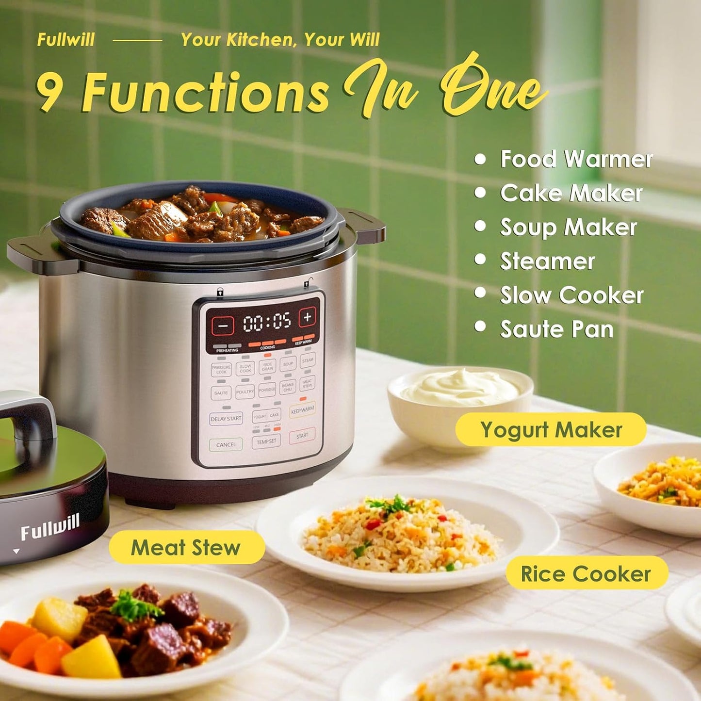 Fullwill 9-in-1 Electric Pressure Cooker, 12 Presets Instant Multi Cooker Olla de Presion Nonstick Pot 6 Quarts
