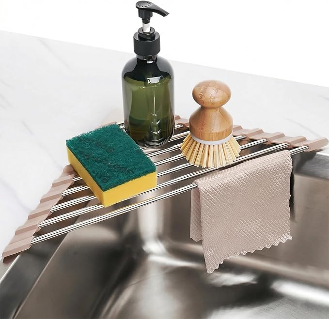 Tomorotec Foldable Stainless Steel Triangle Roll-Up Dish Drying Rack - Over-The-Sink Multipurpose Kitchen Drainer, Rustproof Organizer, Trivet and Shelf - Space-Saving(Light Beige Color)
