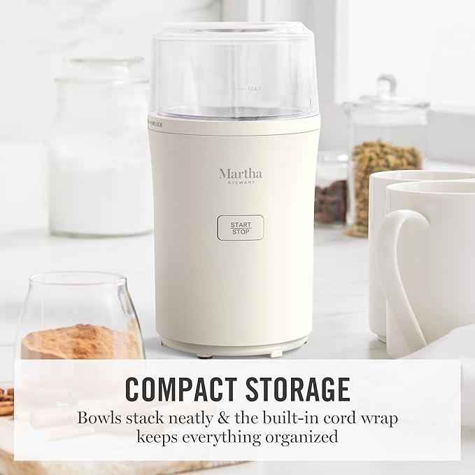 Martha Stewart Electric Coffee & Spice Grinder, Dual 2.5oz Removable Bowls, Storage Lids, Stainless Steel Blades, One Touch Pulse Control, 2-in-1 Compact, Beans & Spices, Herbs & Nuts, Linen White