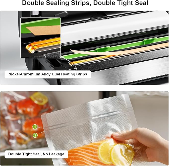 Gasbye 95kPa Precision Vacuum Sealer Machine, Double Heat Seal for Dry/Moist Food, Easy-Lock Handle, Built-in Bag Storage & Cutter, Progress Display, Pulse Mode, Removable Drip Tray, Silver