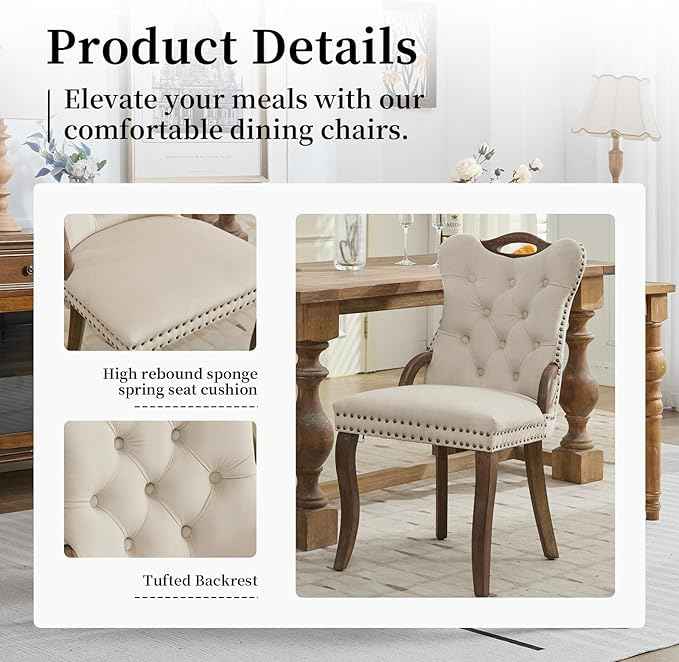 Beige Velvet Dining Chairs Set of 2，Modern Upholstered Dining Room Chairs with Tufted Back and Wood Handles, Curved Solid Wood Legs, Sillas de Comedor
