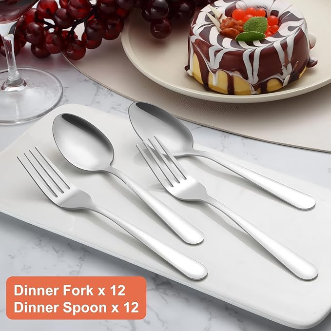 Unokit 24-Piece Spoons and Forks Set Silverware Set - Forks and Spoons Food Grade Stainless Steel Silverware for Home, Kitchen and Restaurant, 12-Fork and 12-Spoon, Mirror Polished&Dishwasher Safe