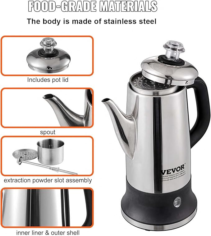 VEVOR 12-Cup Electric Percolator Coffee Pot, 304 Stainless Steel Body Coffee Percolator with Keep Warm Function & Heat-Resistant Handle, Classic Coffee Maker, Quick Brew & Easy-Pour Spout, Silver