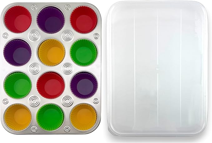 G&S Design Set of Two 12-Cup Muffin Pans with Locking Carrier Lids and 24 Silicone Liners