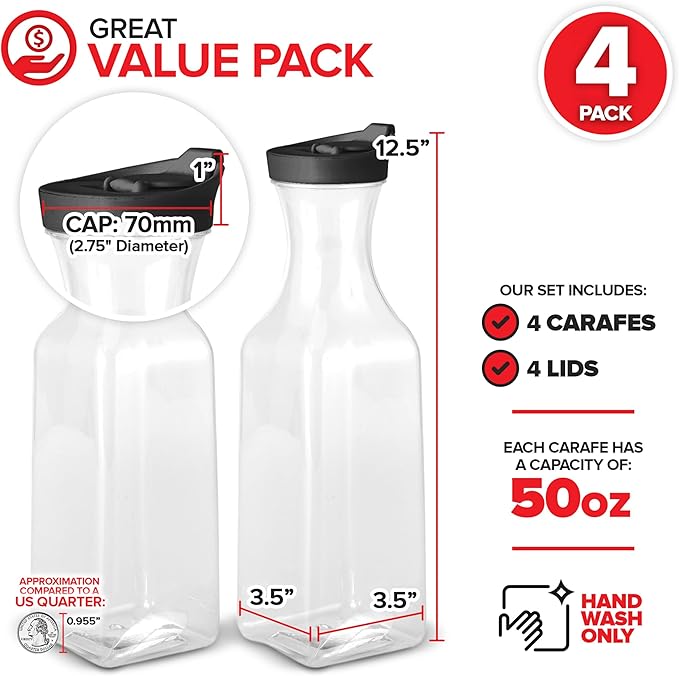 50oz Plastic Juice Carafe with Black Lids (4 Pack) 50 oz Carafes for Mimosa Bar, Drink Pitcher with Lid, Milk Container, Clear Beverage Containers for Fridge, Pantry Storage, Square Pitchers