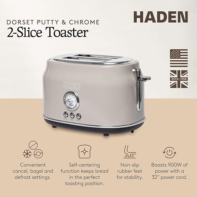 Haden Dorset 2 Slice Wide Slot Stainless Steel Toaster with Adjustable Browning Control & Non-Slip Feet, Putty & Chrome