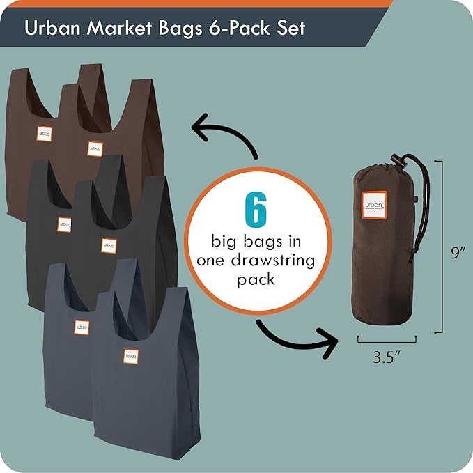 Urban Market Bags - Galaxy -6 Foldable Reusable Shopping Bags in 1 Compact Pouch, Luxury Quality, Recycled Fabric, Holds 50+ lbs, Machine Washable, Pouch Fits in Cupholder, Designed in California