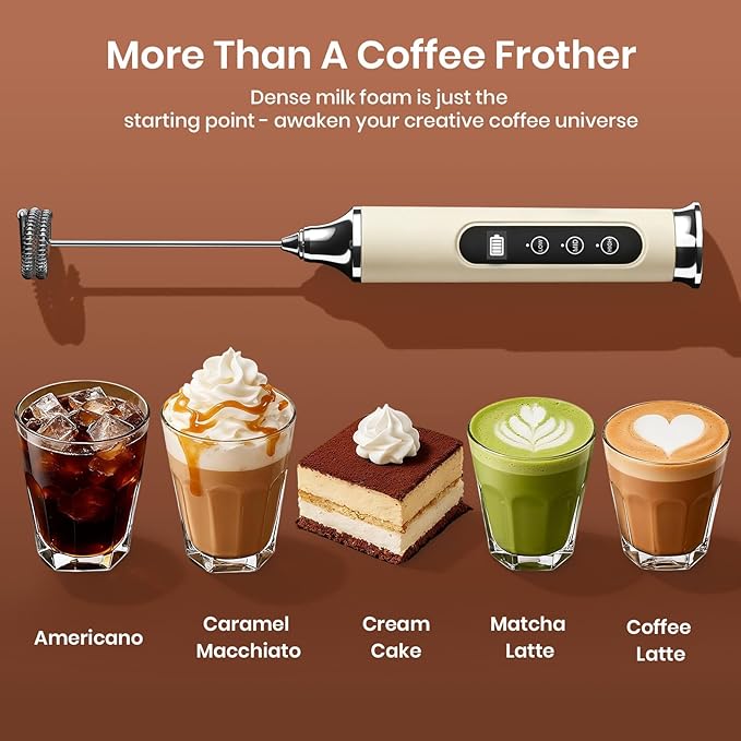 YUSWKO Milk Frother Wand for Coffee, Handheld Coffee Frother, Rechargeable Drink Mixer, Waterproof Electric Whisk, Beige