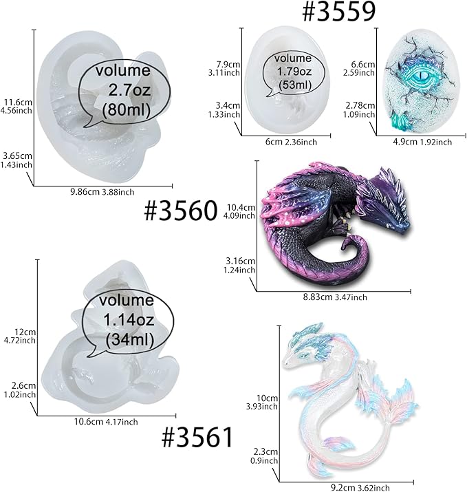 Dragon Epoxy Resin Silicone Molds Set for Fondant Cake Decorating, Concrete, Cement, Polymer Clay, Around 3inch Large