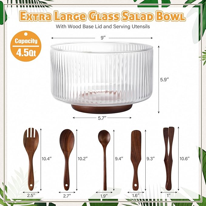 Large Ribbed Glass Salad Bowl Set, Party Salad Bowl with Wood Base and Lid as Cheese Charcuterie Board and Plate, Comes with 5 Pieces of Elegant Wood Serving Utensils