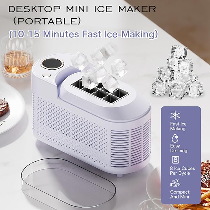 Countertop Ice Maker, Electric Ice Machine, 8 Cubes Ready in 10 Mins, Portable Ice Cube Maker with Car Power Cord, for Home & All Spaces, Clear & Large Ice Cubes,Purple
